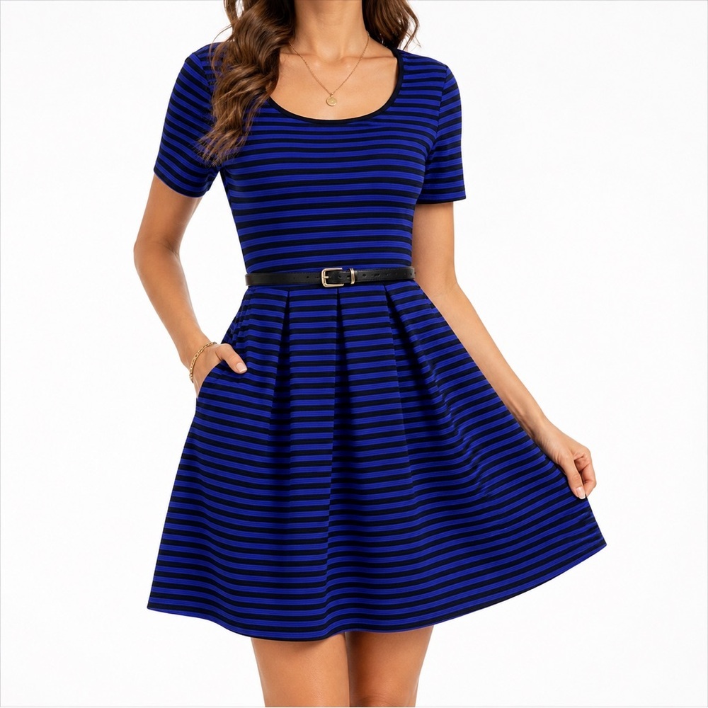 Blue & Black Striped Kids Dress - Classic Fit